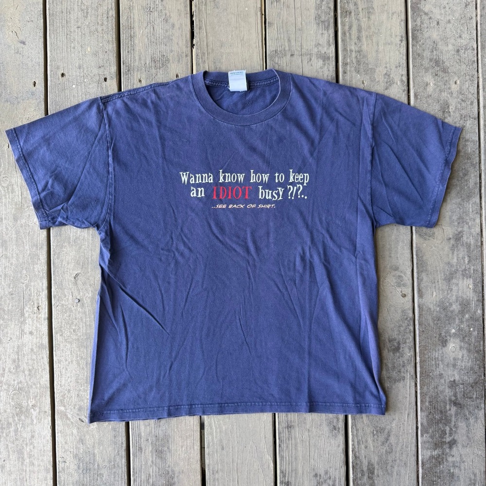 Hybrid Tees Vintage Funny Graphic T-Shirt Navy Blue Y2K Streetwear Ironic Tee L